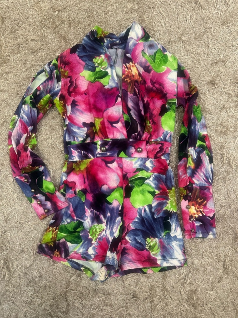 Floral Long-Sleeve Romper in Pink, Green & Purple